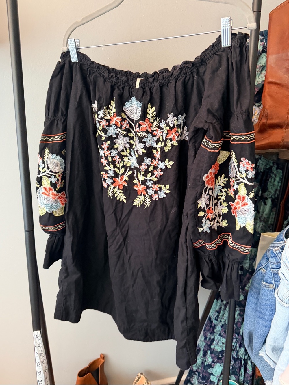 Free People Fleur Du Jour Floral Embroidered Mini Dress Off the Shoulder Size L